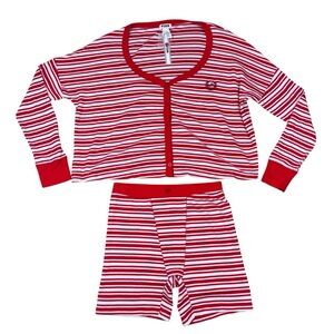 NWT PiNK Victoria’s Secret Thermal Red White Stripe Pajama Shirt Boxy Shorts Set